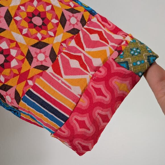 John Mark Button Top 2X 2XL Multicolor Patchwork Floral Pink Blue Colorful Artsy - Picture 12 of 15